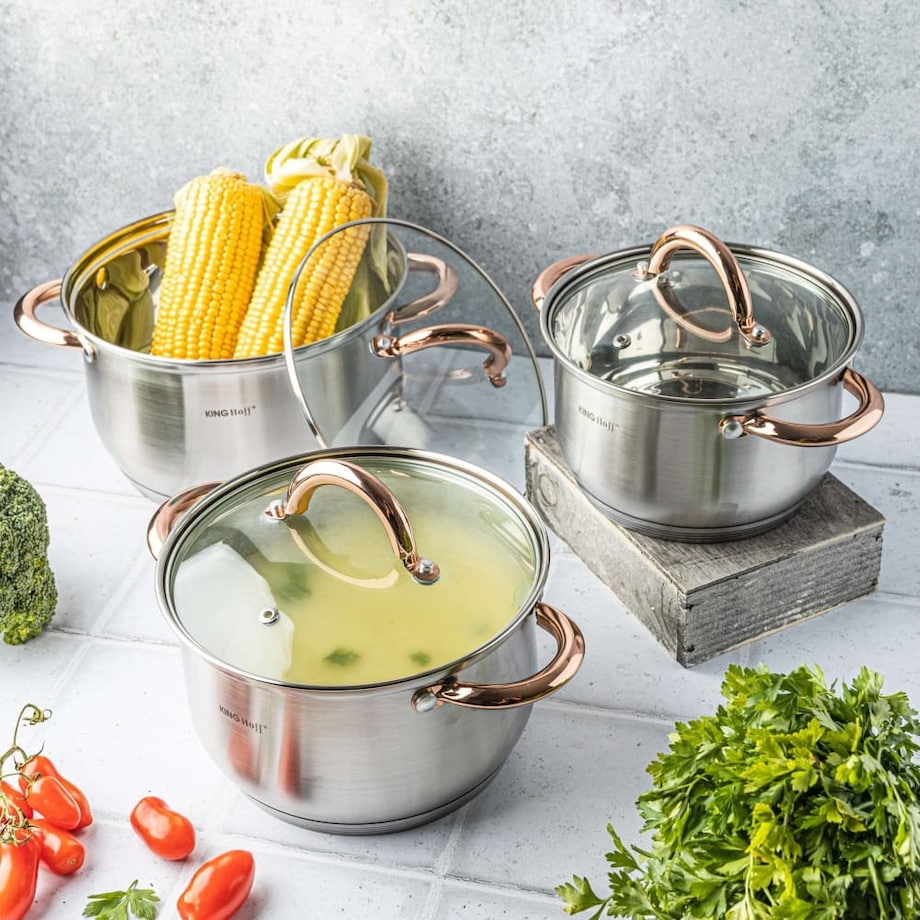 Zestaw garnków stalowych 6 elementów garnki na indukcję komplet Rosegold KINGHOFF