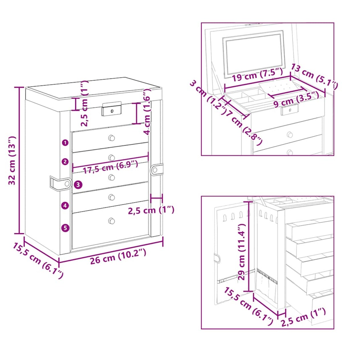 vidaXL Pudełko na biżuterię 6-warstwowe z lustrem zamykane na klucz