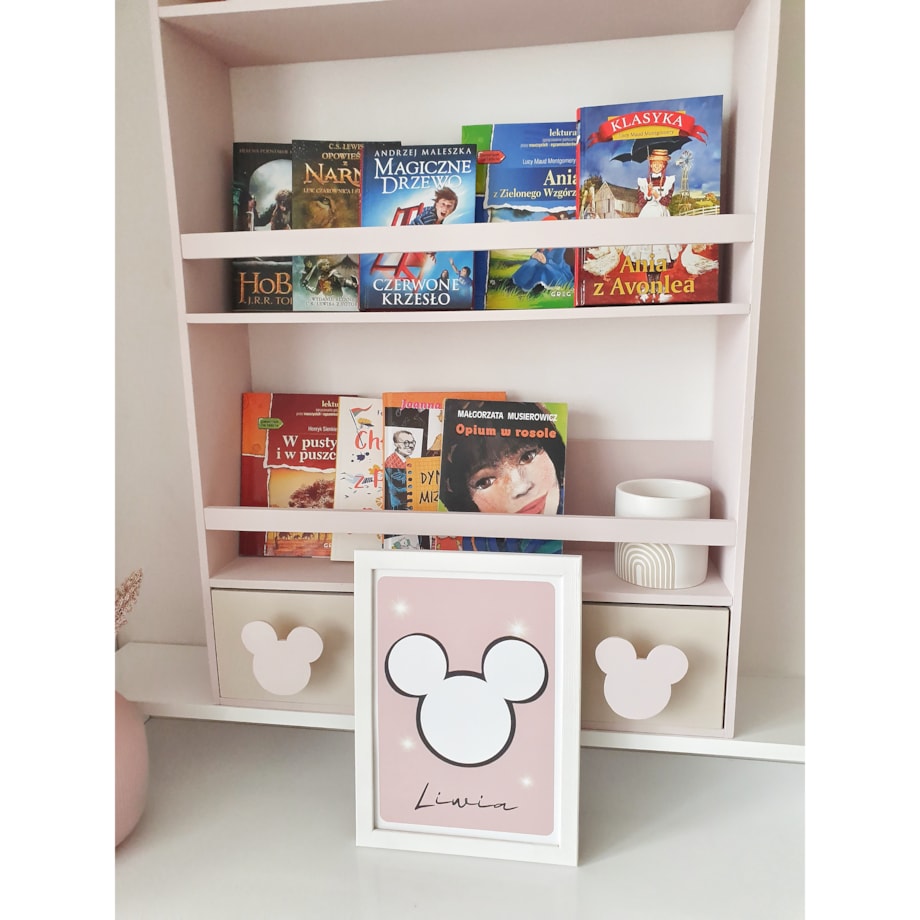 DREWNIANY WISZĄCY REGAŁ BIBLIOTECZKA DLA DZIECI PUDROWY RÓŻ Z MYSZKĄ