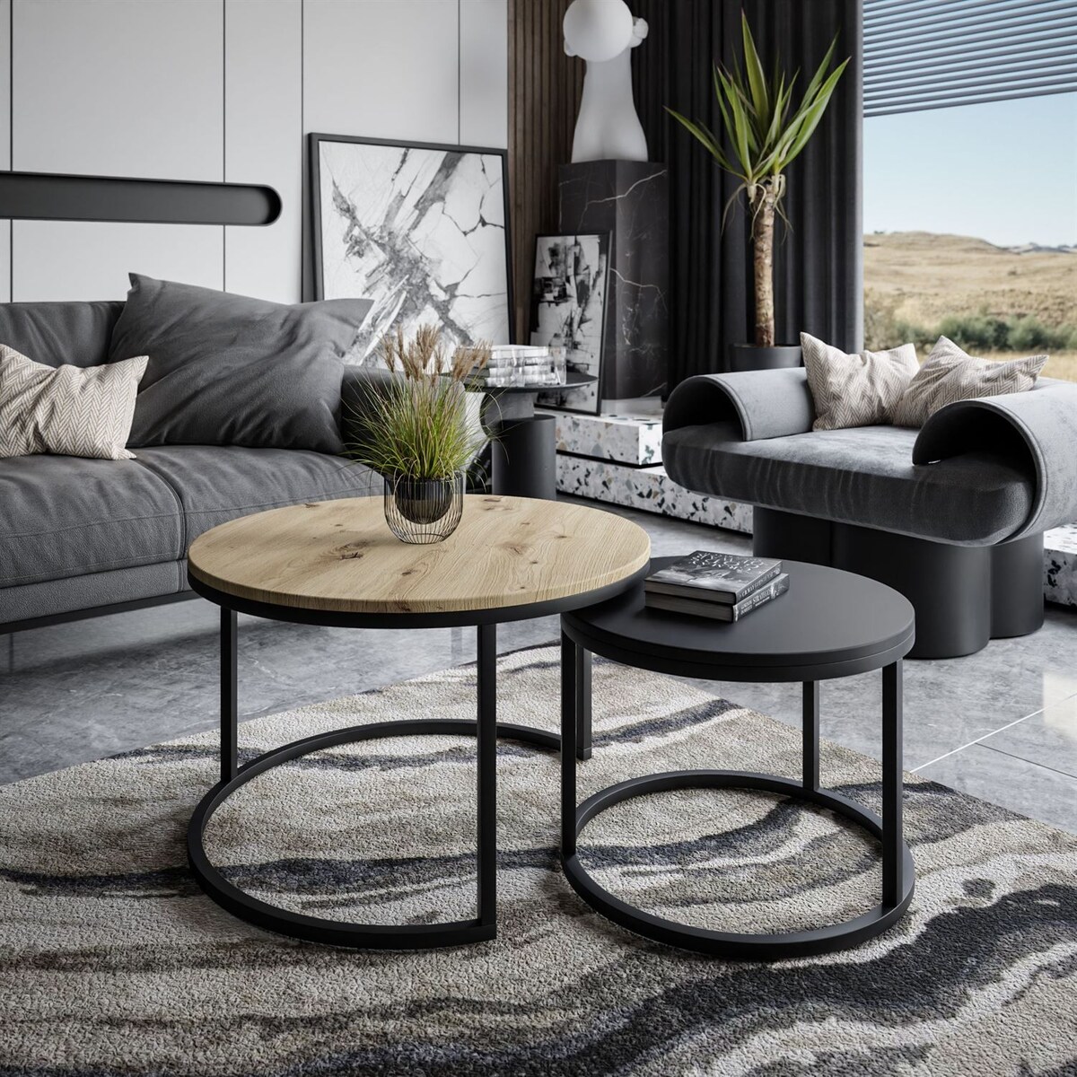 Okrągły stolik kawowy 2w1 CIRI SLIM MIX dąb artisan czarny