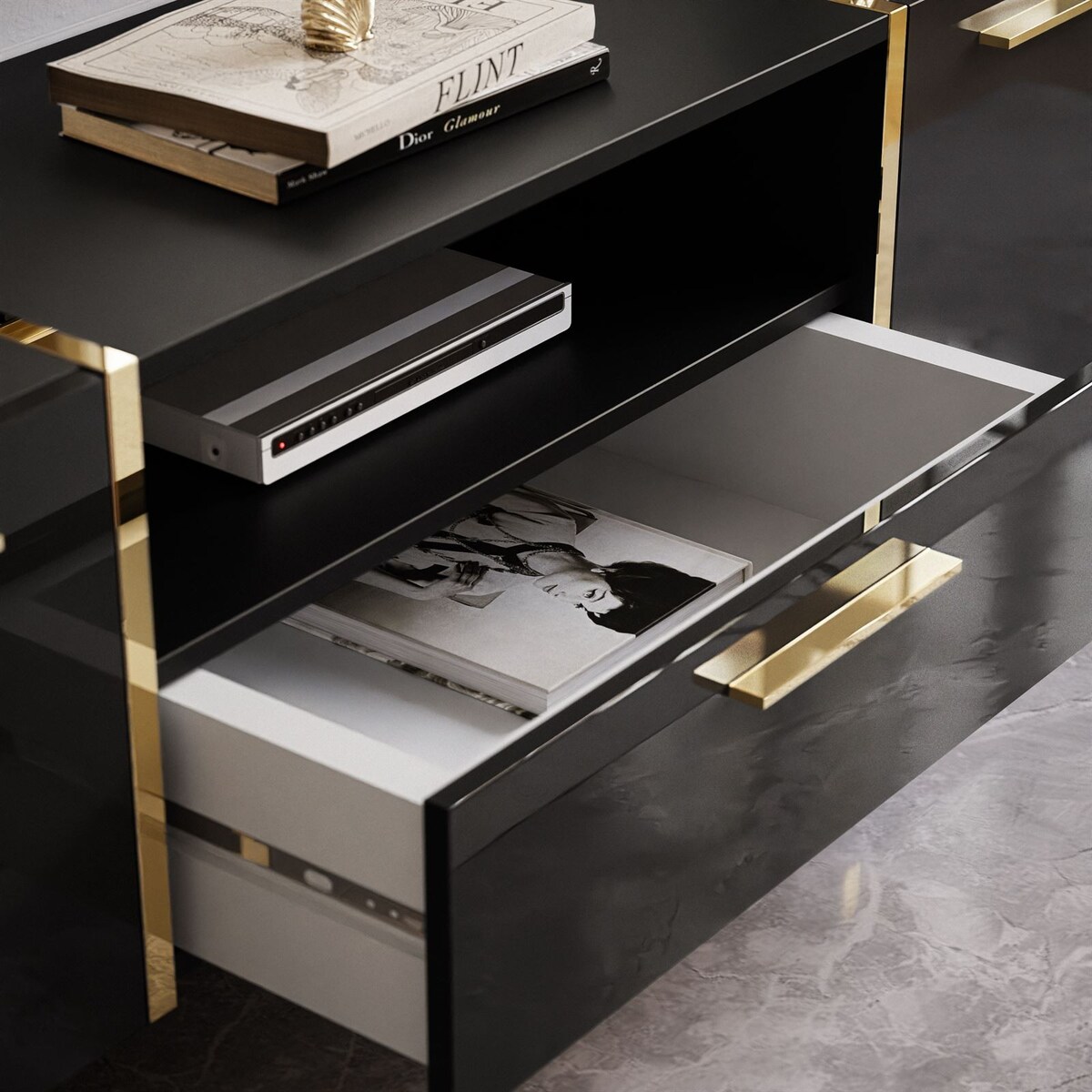 Szafka RTV ONYX na złotych nóżkach wysoki połysk 158 cm, carny połysk, złote uchwyty