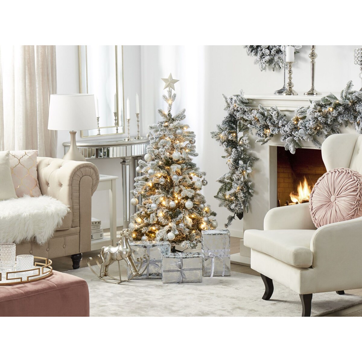 Ośnieżona sztuczna choinka ze światełkami 120 cm biała TATLOW