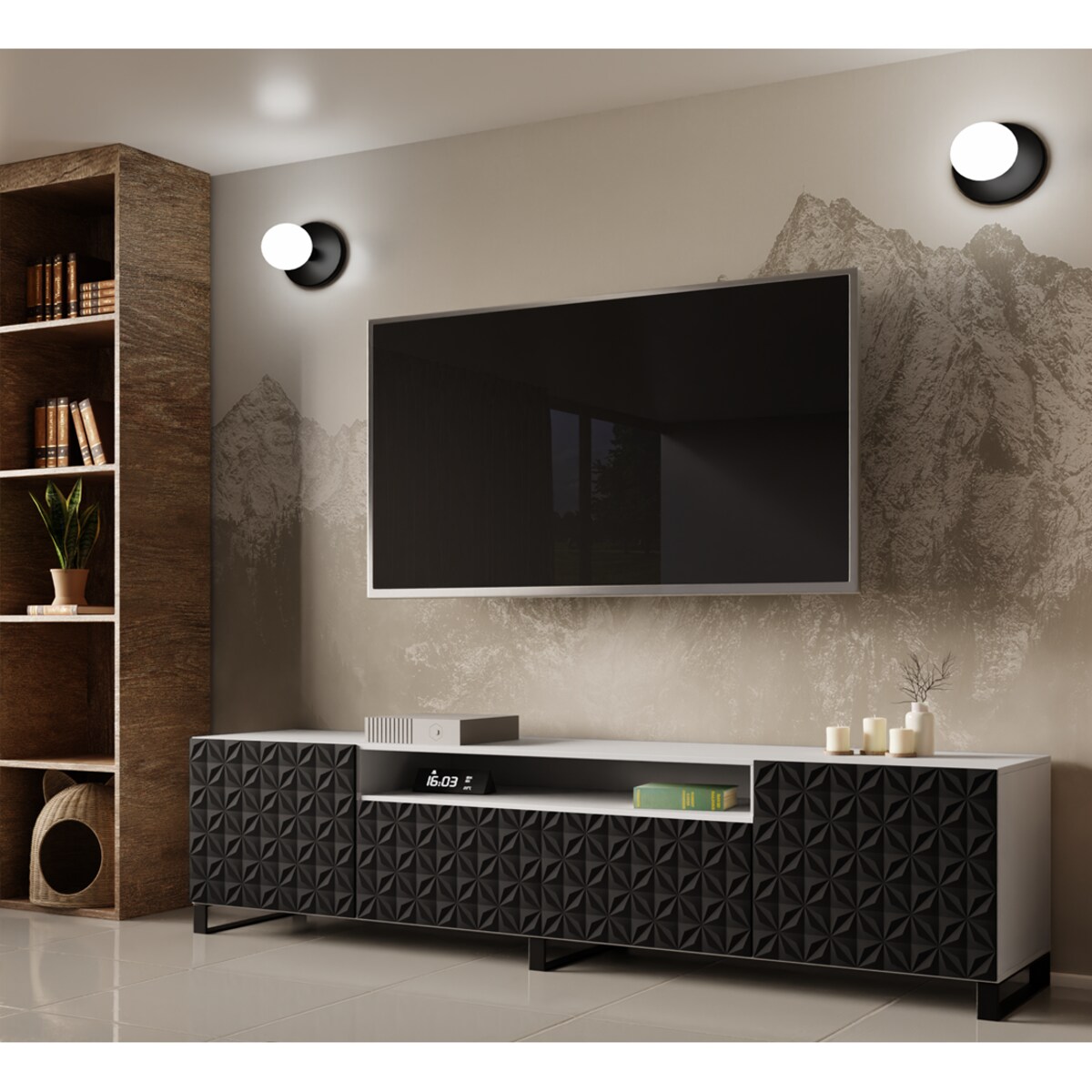 Szafka RTV ALI 200 cm, stojąca, z ozdobnymi frontami do salonu-frot czarny