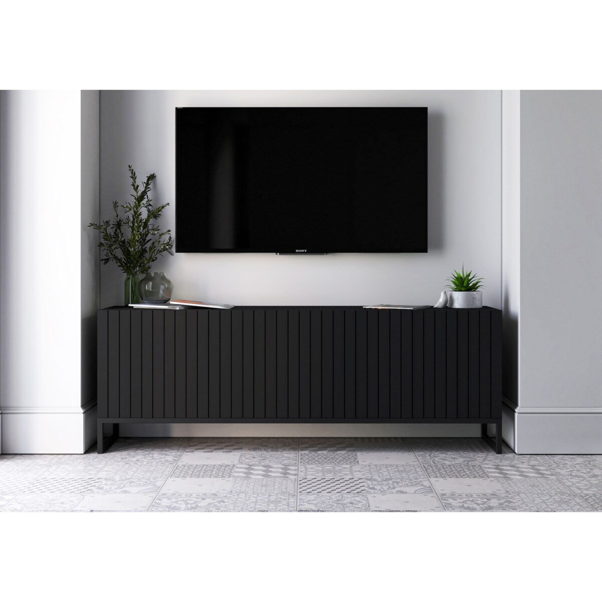 Szafka RTV Czarny Mat Nowoczesna Komoda RTV Loft Ryflowane Fronty Glamour 150 cm