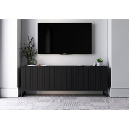 Szafka RTV Czarny Mat Nowoczesna Komoda RTV Loft Ryflowane Fronty Glamour 150 cm