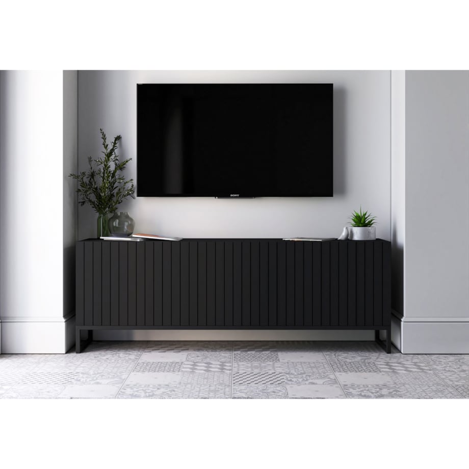 Szafka RTV Czarny Mat Nowoczesna Komoda RTV Loft Ryflowane Fronty Glamour 150 cm