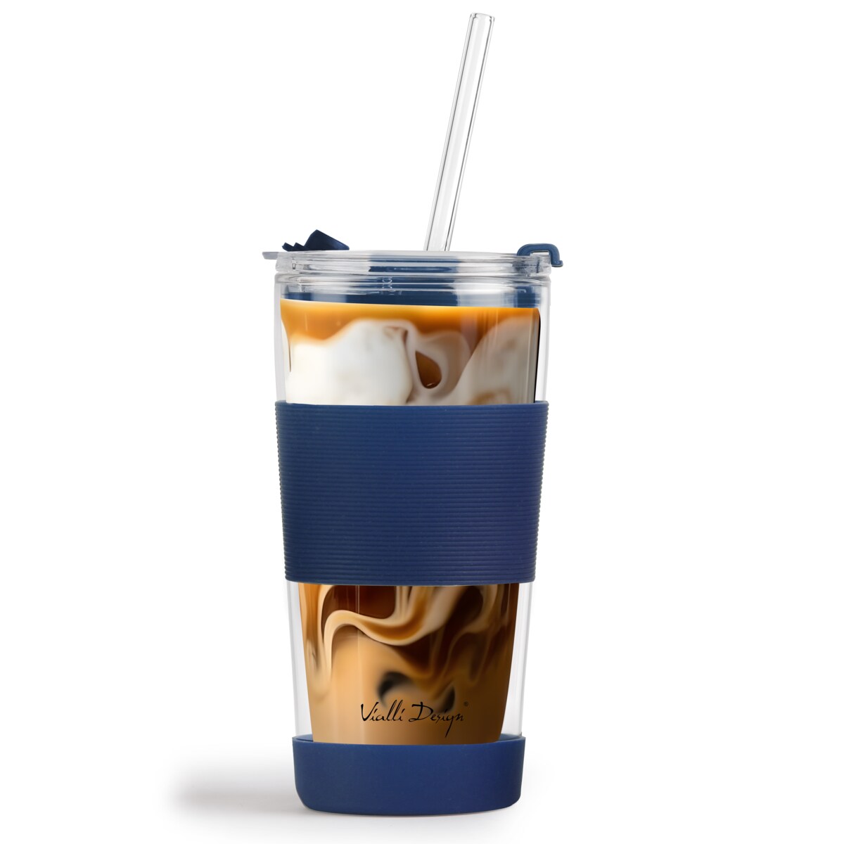 Kubek termiczny szklany ze słomką 600 ml granatowy Fuori 30381