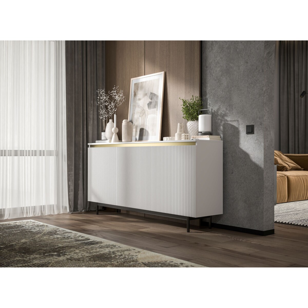 Komoda RTV Glamour 167 cm biała matowa ryflowane fronty czarna rama