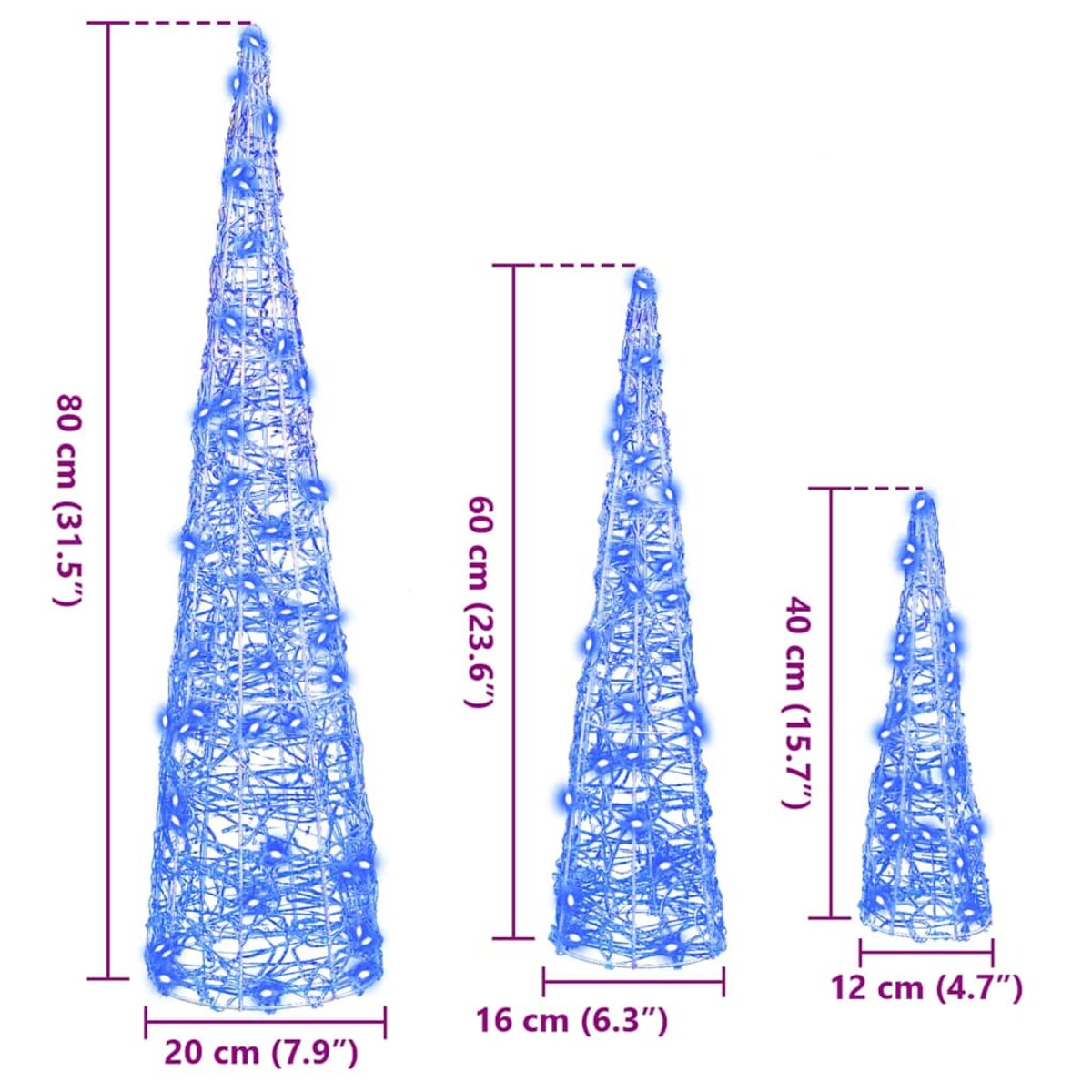 vidaXL Choinka z 90 diodami LED 3 pcs Niebieski 20 x 20 x 80 cm Akryl