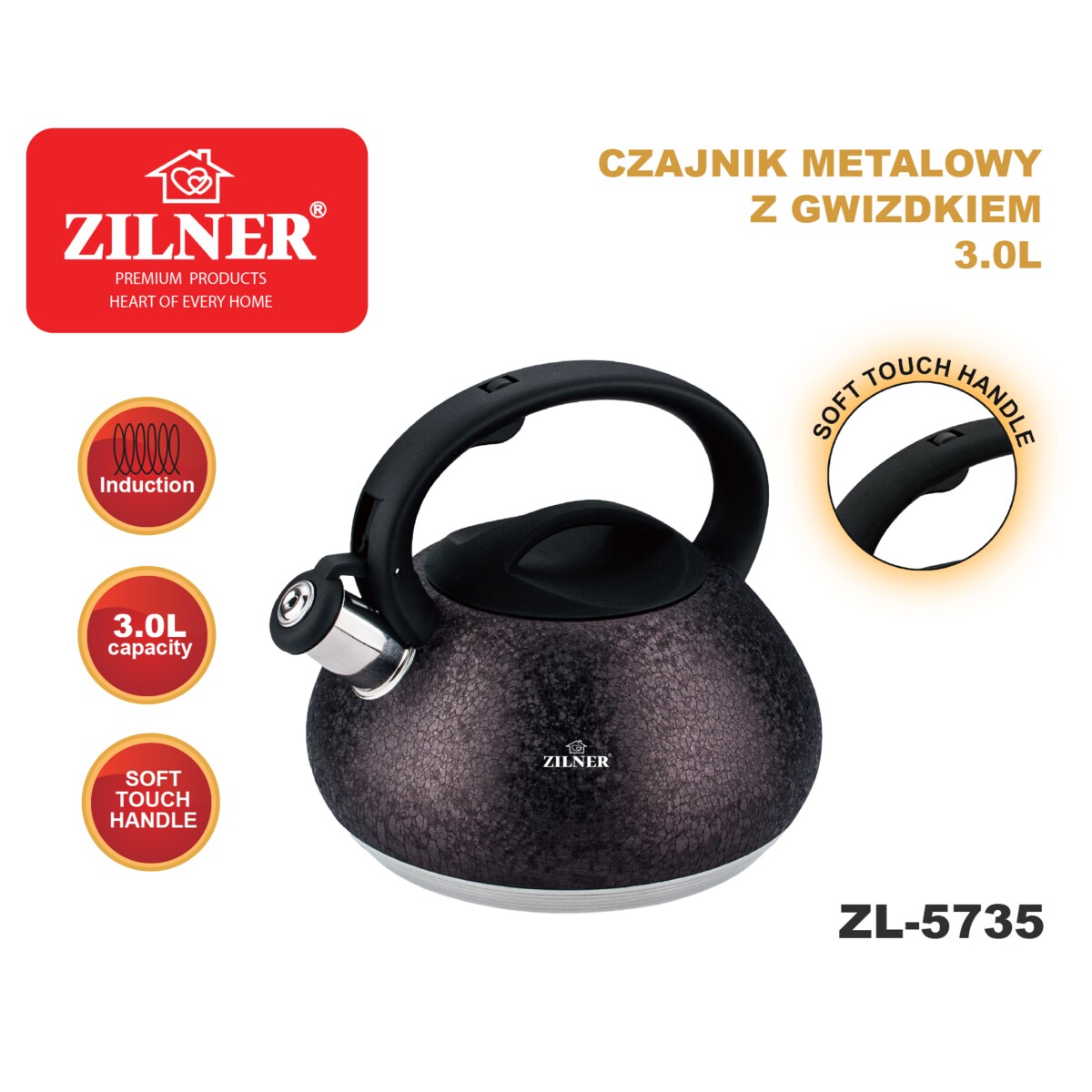 Czajnik na gaz 3L tradycyjny z gwizdkiem indukcja bordowy matowy ZILNER