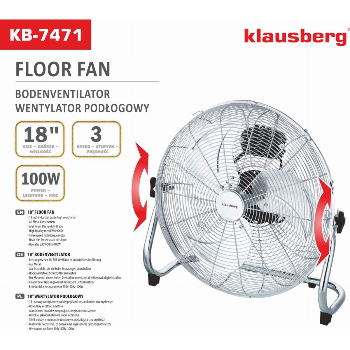 Wentylator wiatrak podłogowy biurowy cyrkulator 45cm 100W KLAUSBERG