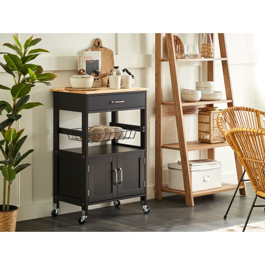 Wózek kuchenny 1 szuflada jasne drewno z czarnym LUGO