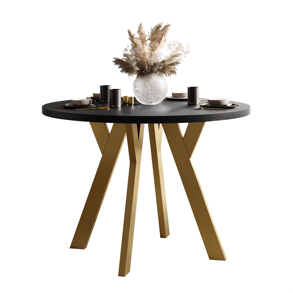 Okrągły stół rozkładany VOLTA MATT, nogi złoty, blat czarny