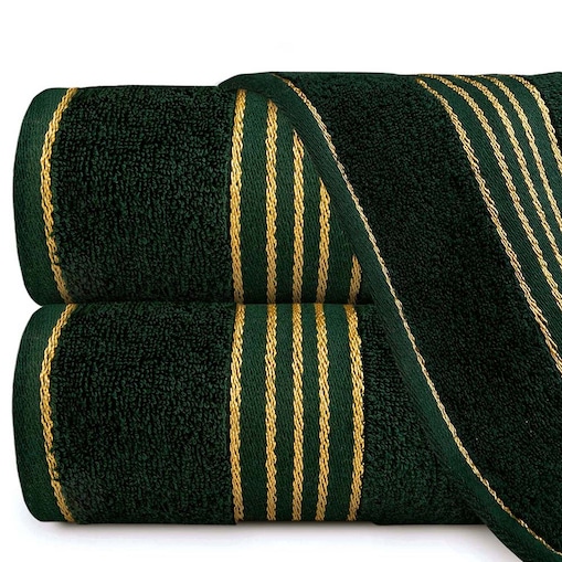 Ręcznik kąpielowy 50x90 cm bawełniany kolor zieleń butelkowa z bordiurą w złote paski 500 g/m2 TIWANO