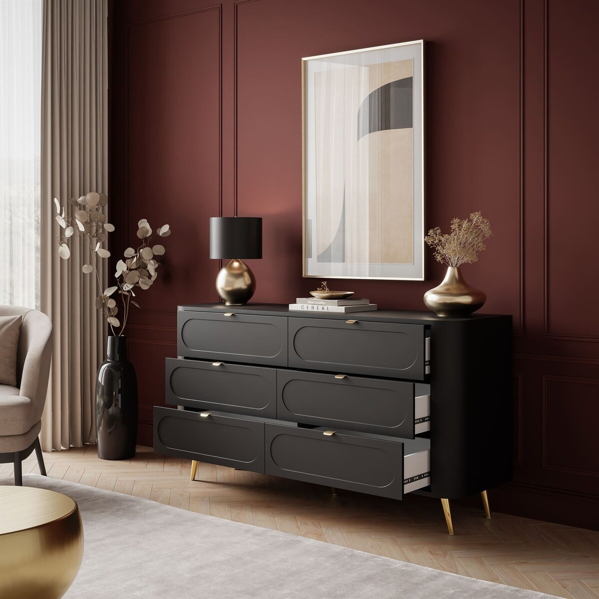 Komoda SHADOW II 6S z szufladami, nóżki skośne złote