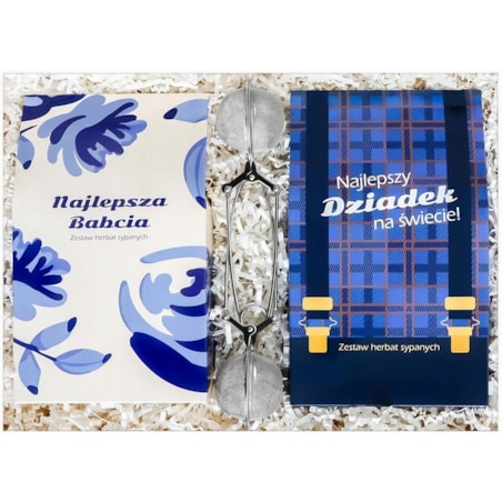 ZESTAW PREZENTOWY UPOMINKOWY BOX PREMIUM NA DZIEŃ BABCI I DZIADKA HERBATY SYPANE W SASZETKACH ZAPARZACZE UPOMINEK PREZENT DLA DZIADKÓW