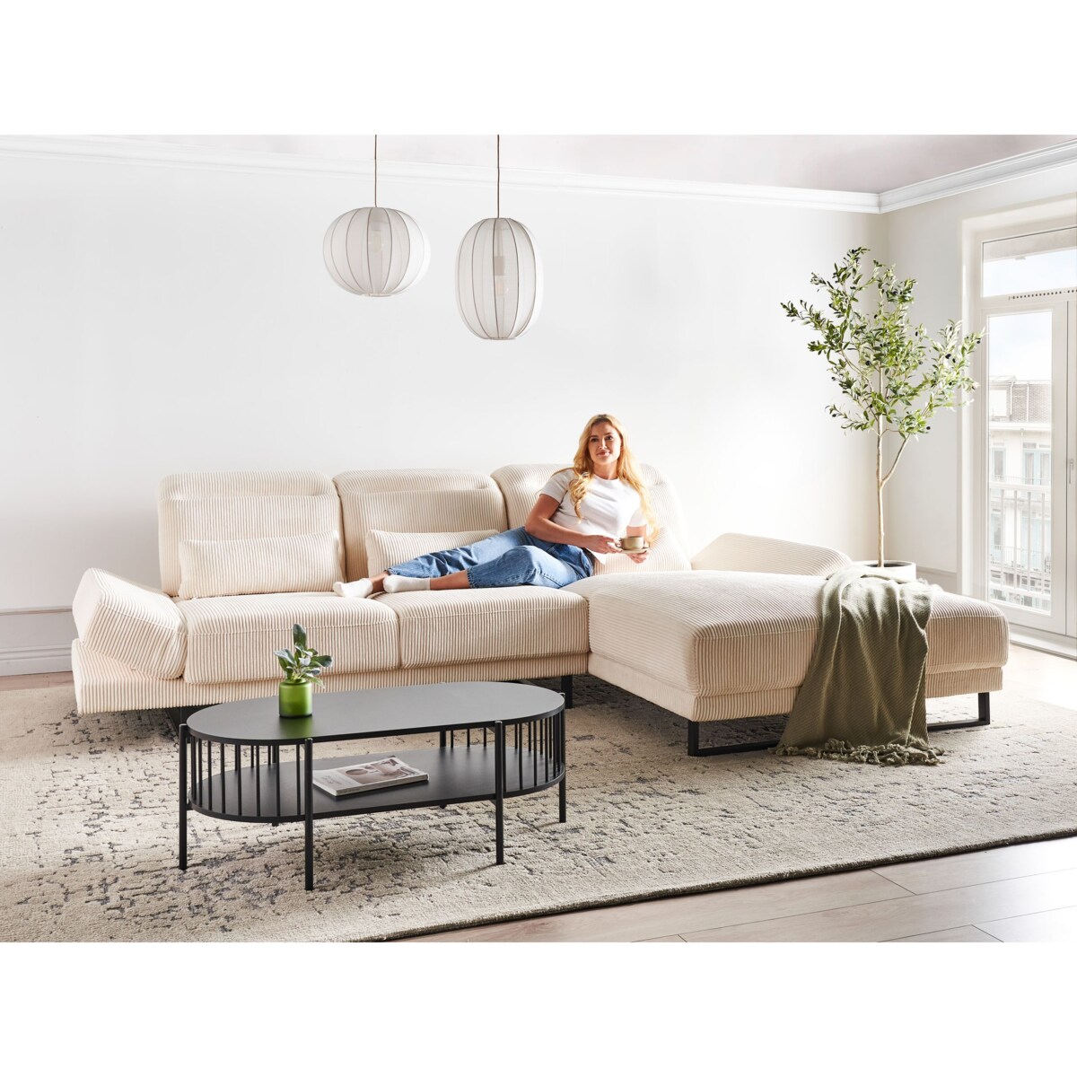 Narożnik IKAST Sztruks Beżowy dla 4 osób Lewostronny