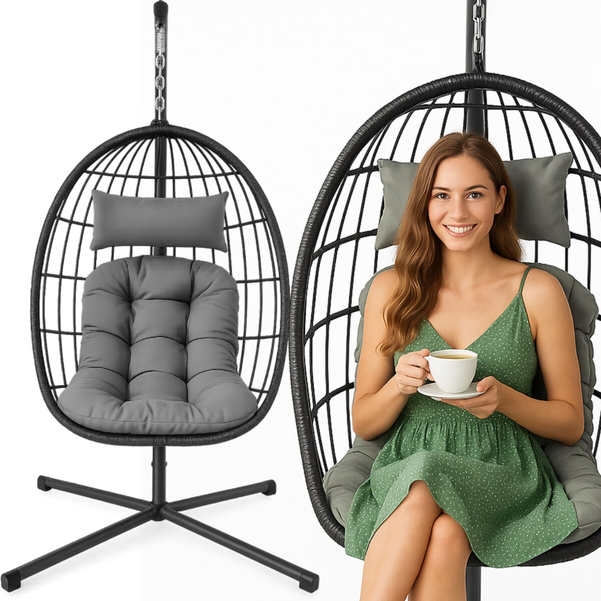 Fotel Podwieszany Na Stalowym Stelażu Składany Ogrodowy Kokon Kosz Wiszący