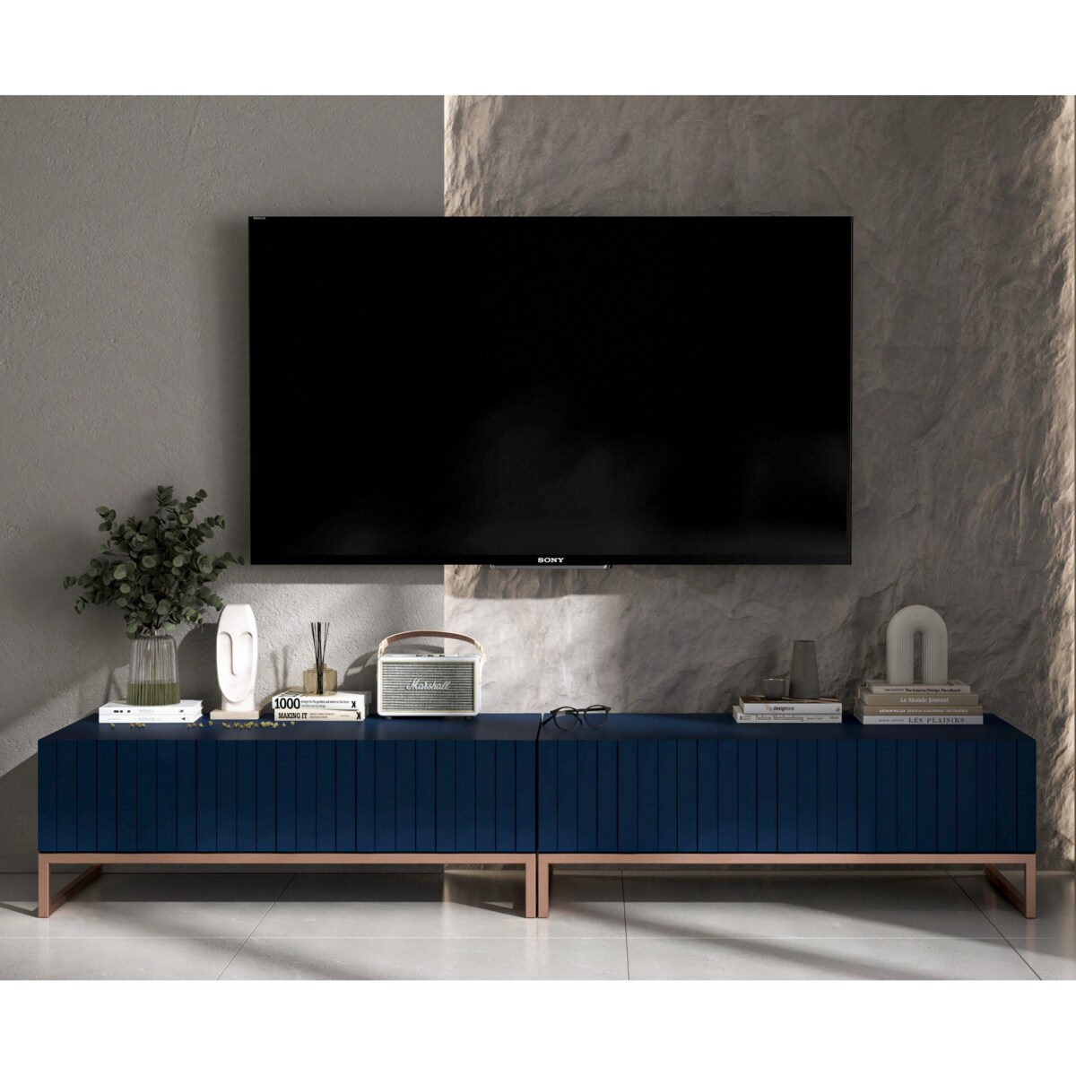 Nowoczesna Szafka RTV Glamour Komoda RTV Ryflowane fronty Granatowy Mat 220 cm