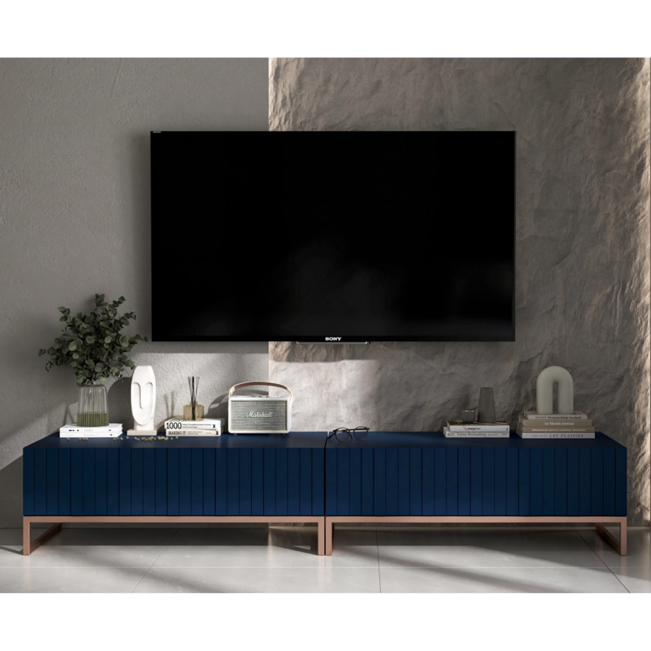 Nowoczesna Szafka RTV Glamour Komoda RTV Ryflowane fronty Granatowy Mat 220 cm