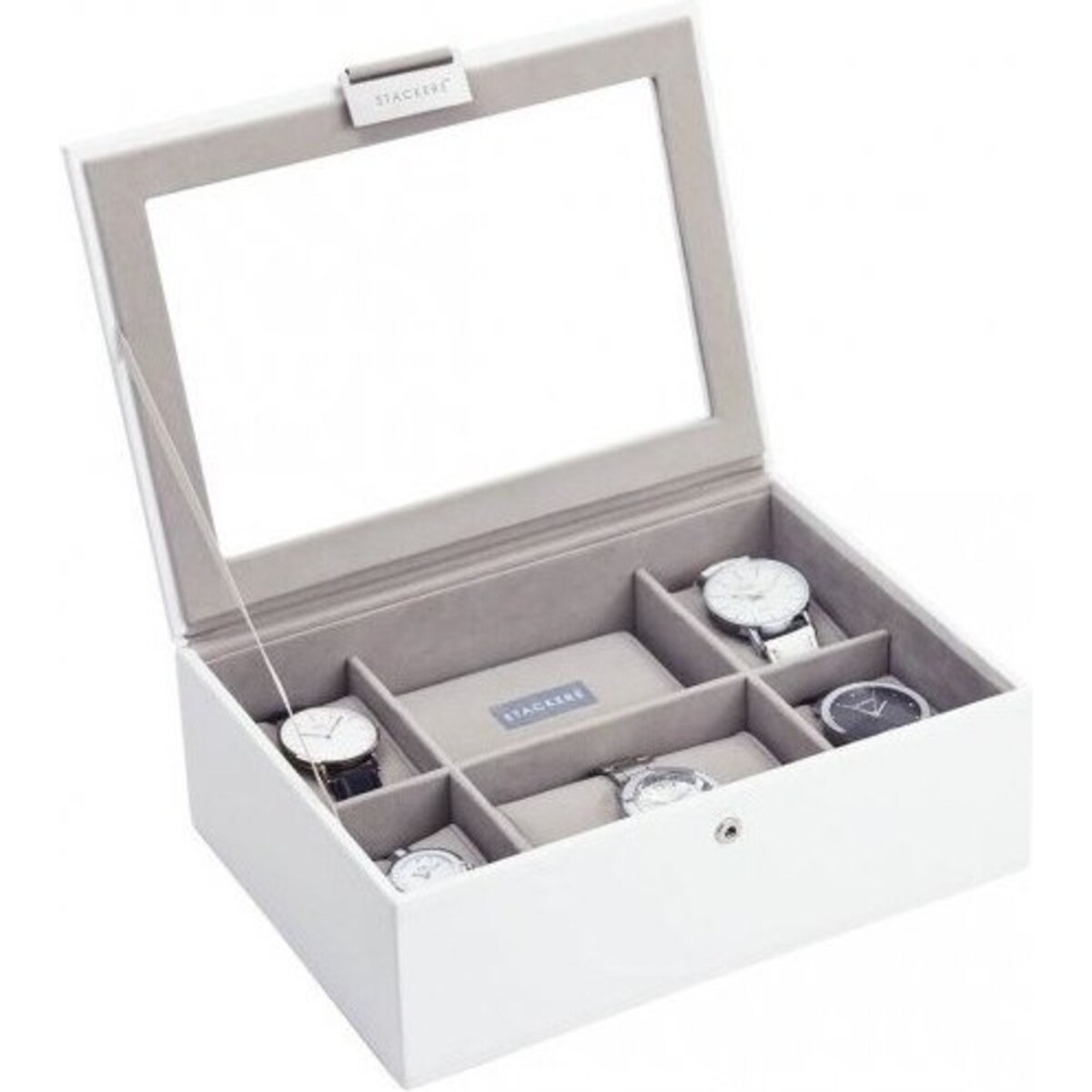 Pudełko na zegarki ze szklaną pokrywką Stackers biało-beżowe