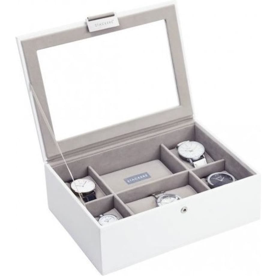 Pudełko na zegarki ze szklaną pokrywką Stackers biało-beżowe