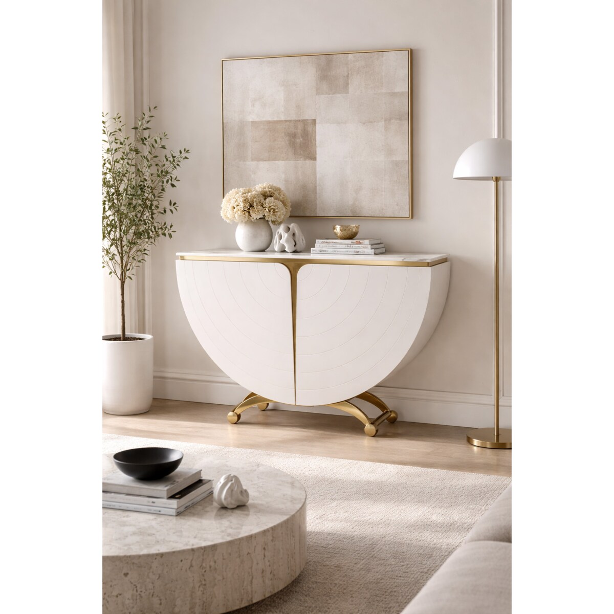 Biała konsola glamour półokrągła Vellora 140x35x86