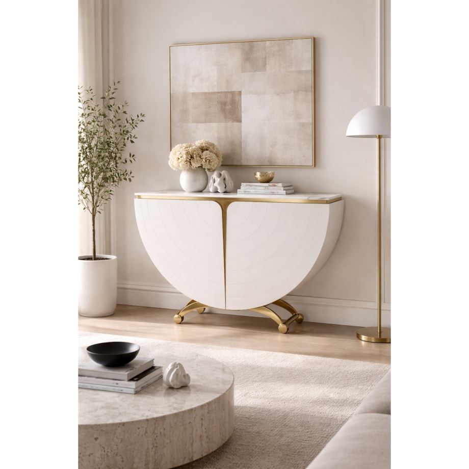 Biała konsola glamour półokrągła Vellora 140x35x86