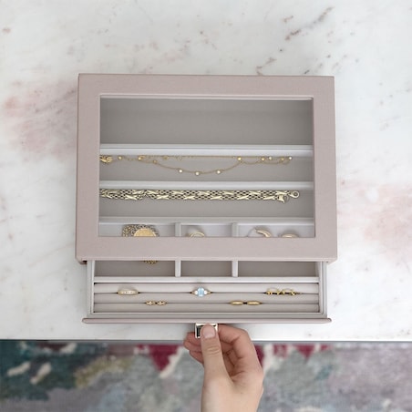 Szkatułka na biżuterię Stackers 6 komorowa classic taupe z szufladą i szklaną pokrywką