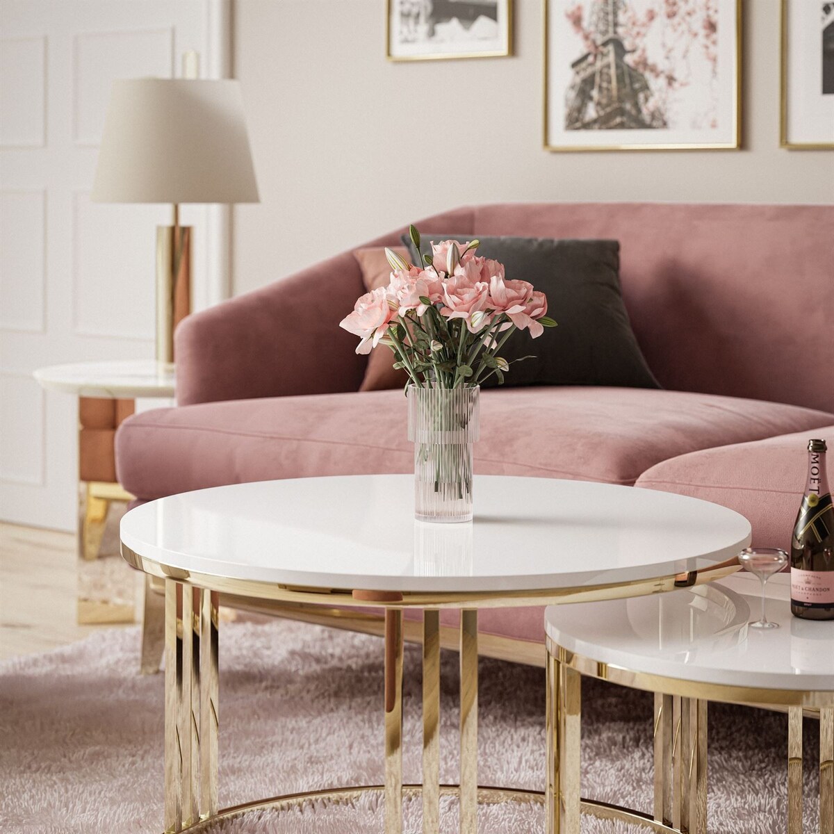 Stolik kawowy LORI 2w1 złoty chrom biały połysk