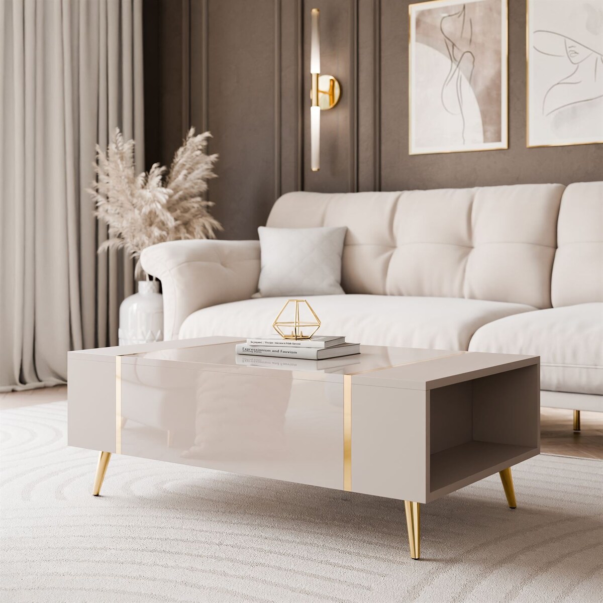 Ława ONYX kaszmir na złotych nóżkach wysoki połysk