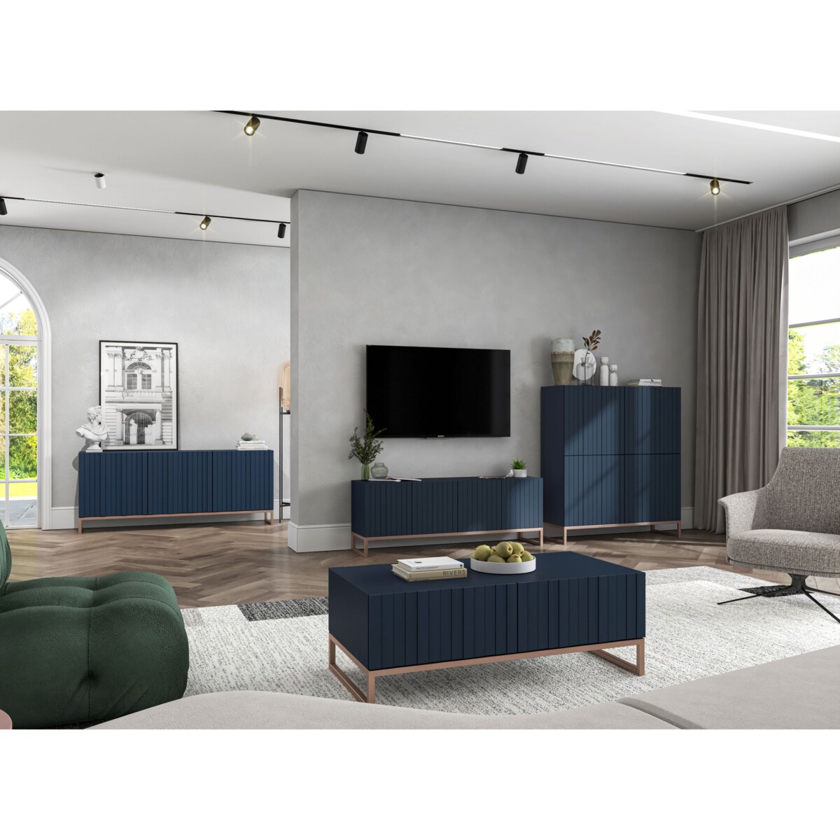 Wisząca Szafka RTV Glamour Komoda RTV Granatowy Mat 150 cm