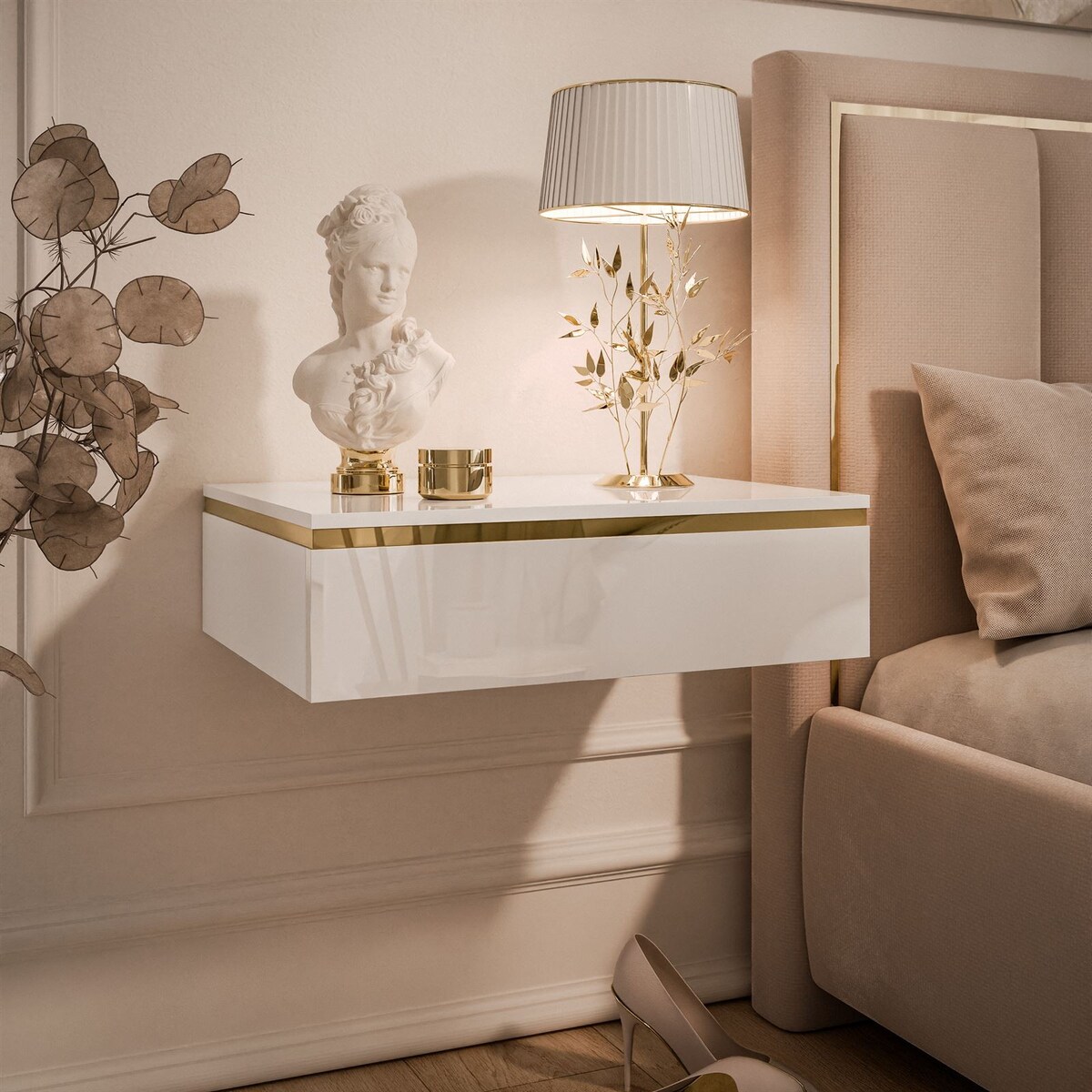 Stolik nocny AURORA wiszący biały połysk