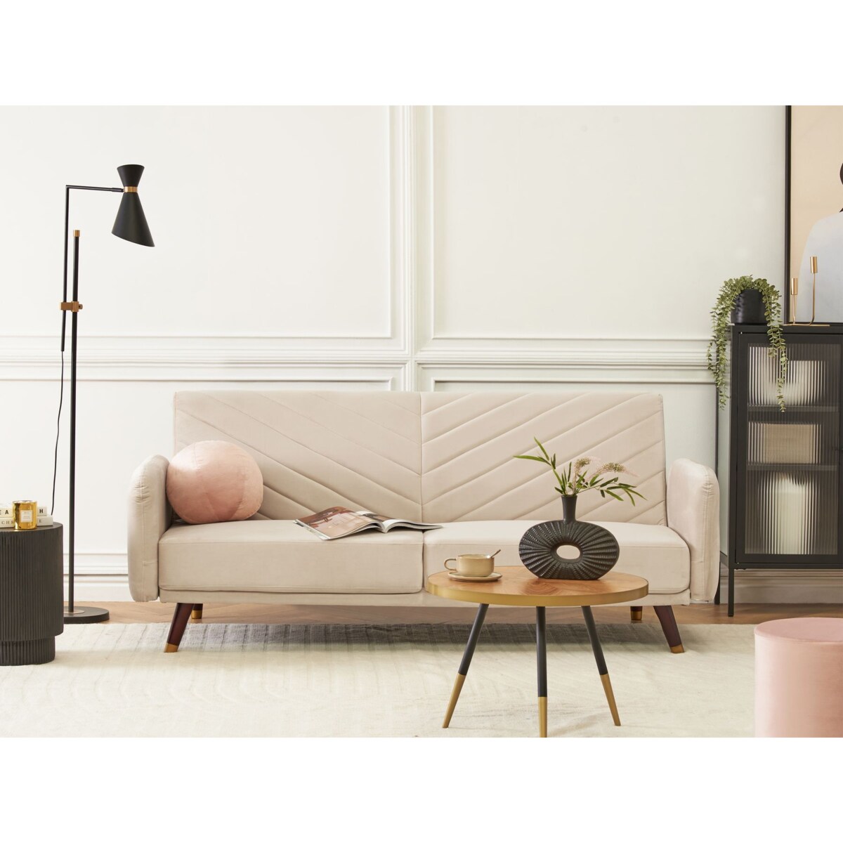 Sofa rozkładana SENJA Welur Beżowy dla 3 osób