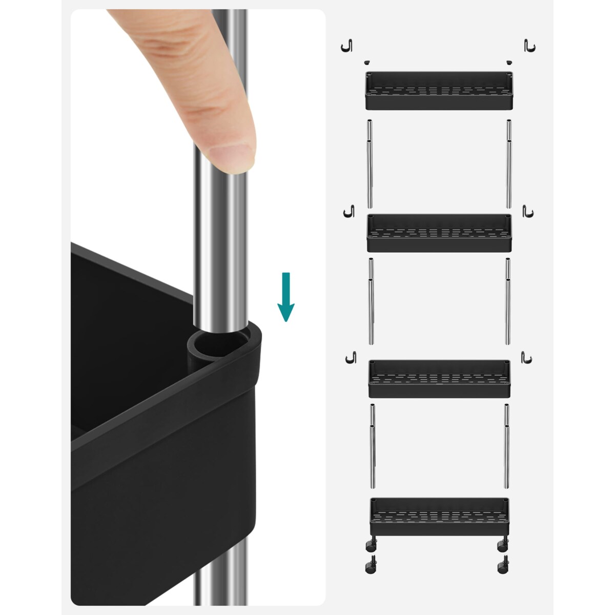 Szafka Na Kółkach 4 Półki Czarna 40X13,5X88 Cm Czarny, Srebrny