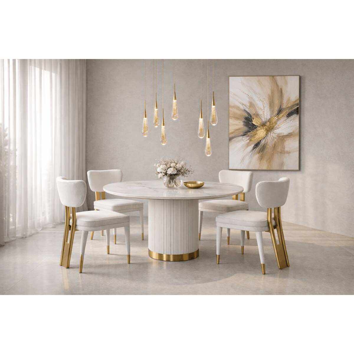 Okrągły stół glamour ryflowany Luna Ecru z marmurem 120x120x75