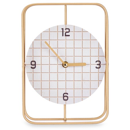Zegar na komodę z tarczą w kratę i złotymi wskazówkami, 18,5 x 25,5 cm