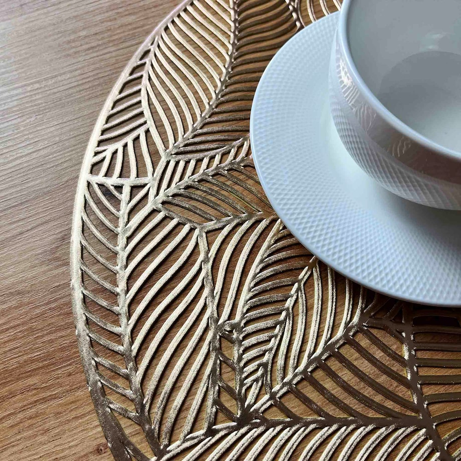 Podkładka Ażurowa Na Stół Okrągła W Listki Ozdobna 37 Cm Złota