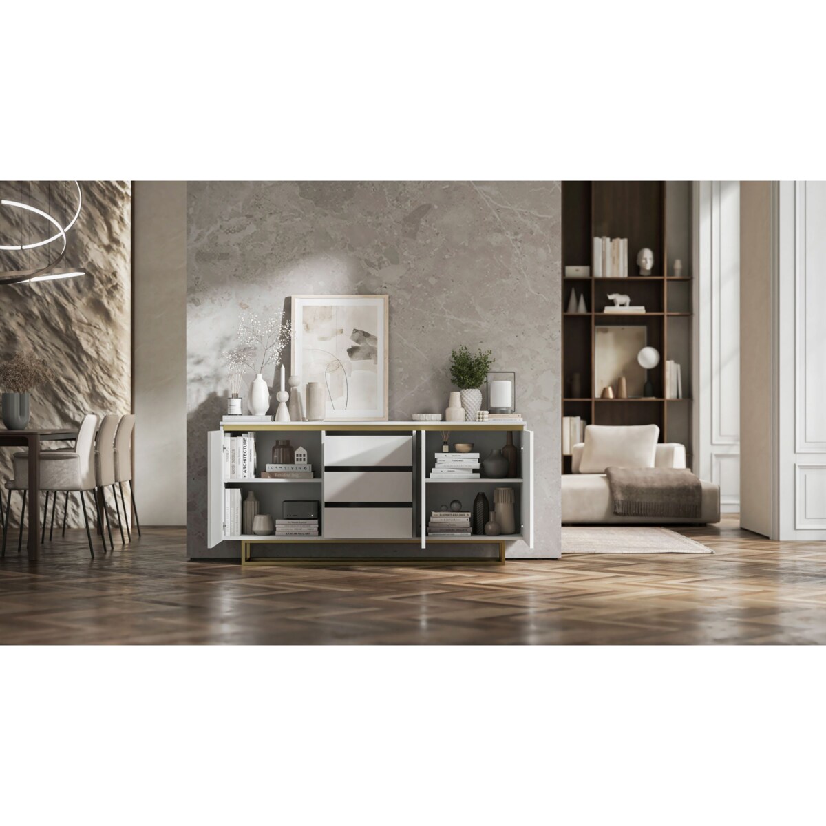 Komoda Glamour Szafka RTV Biały MAT ryflowane fronty złote akcenty 166,8 cm