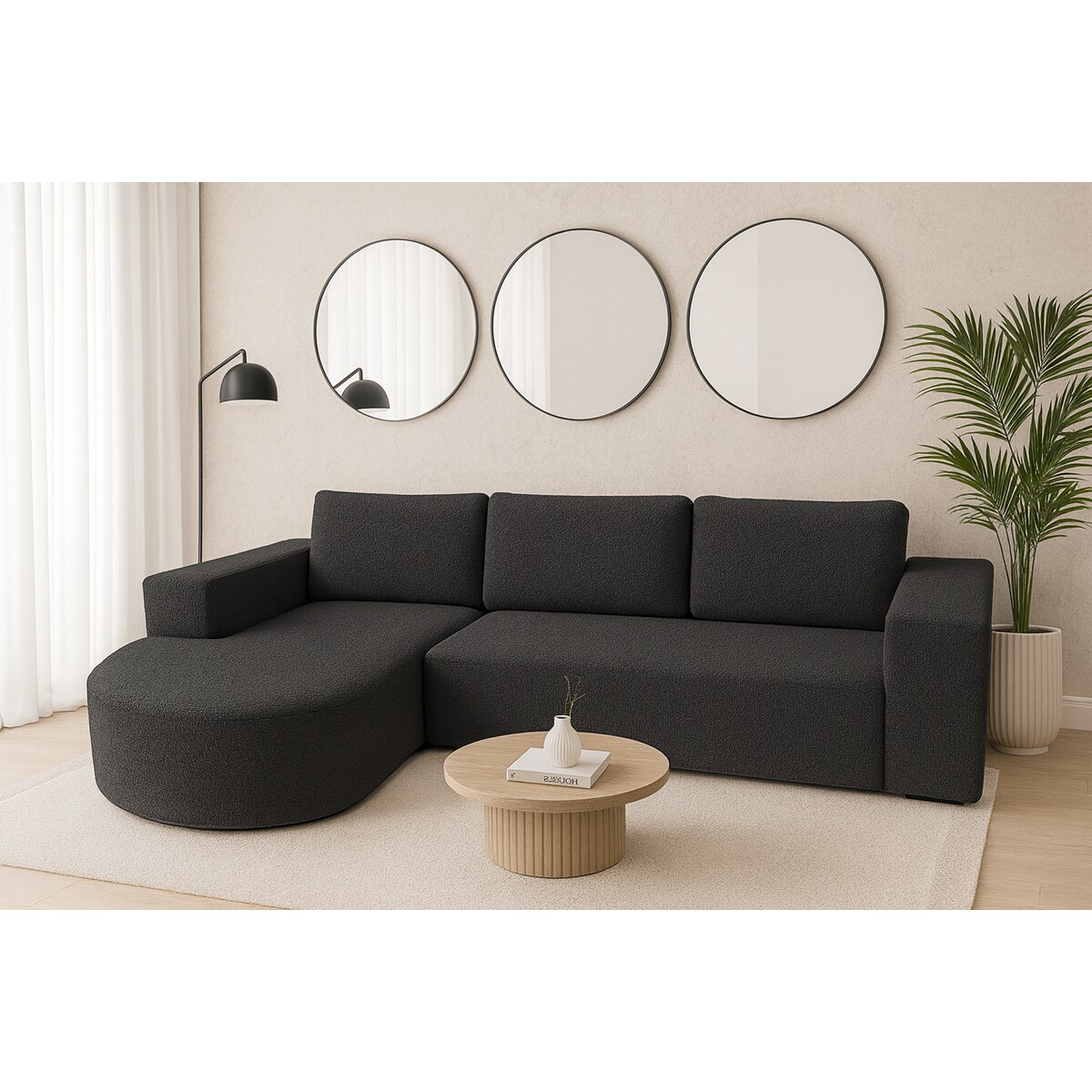 Narożnik Vello z funkcją spania do salonu,lewostronny-tkanina boucle-grafit