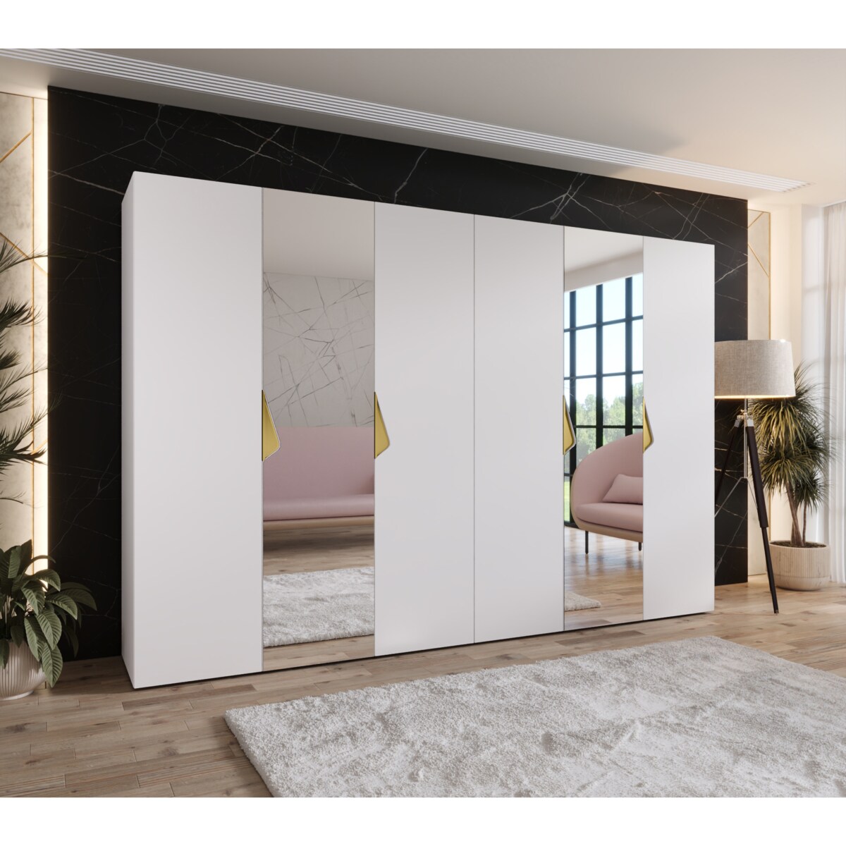 Szafa uchylna z lustrem Sandi 2 300 (2X150) wys 202 cm Biały + u Złoty