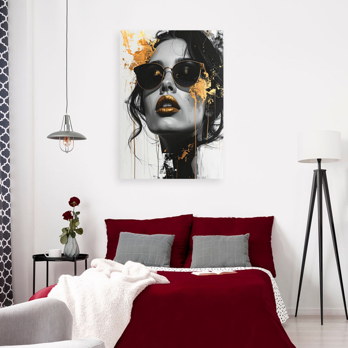 Obraz na płótnie do salonu sypialni, Kobieta Glamour Złoto Nowoczesny Portret Czarno Biały 60x90 cm