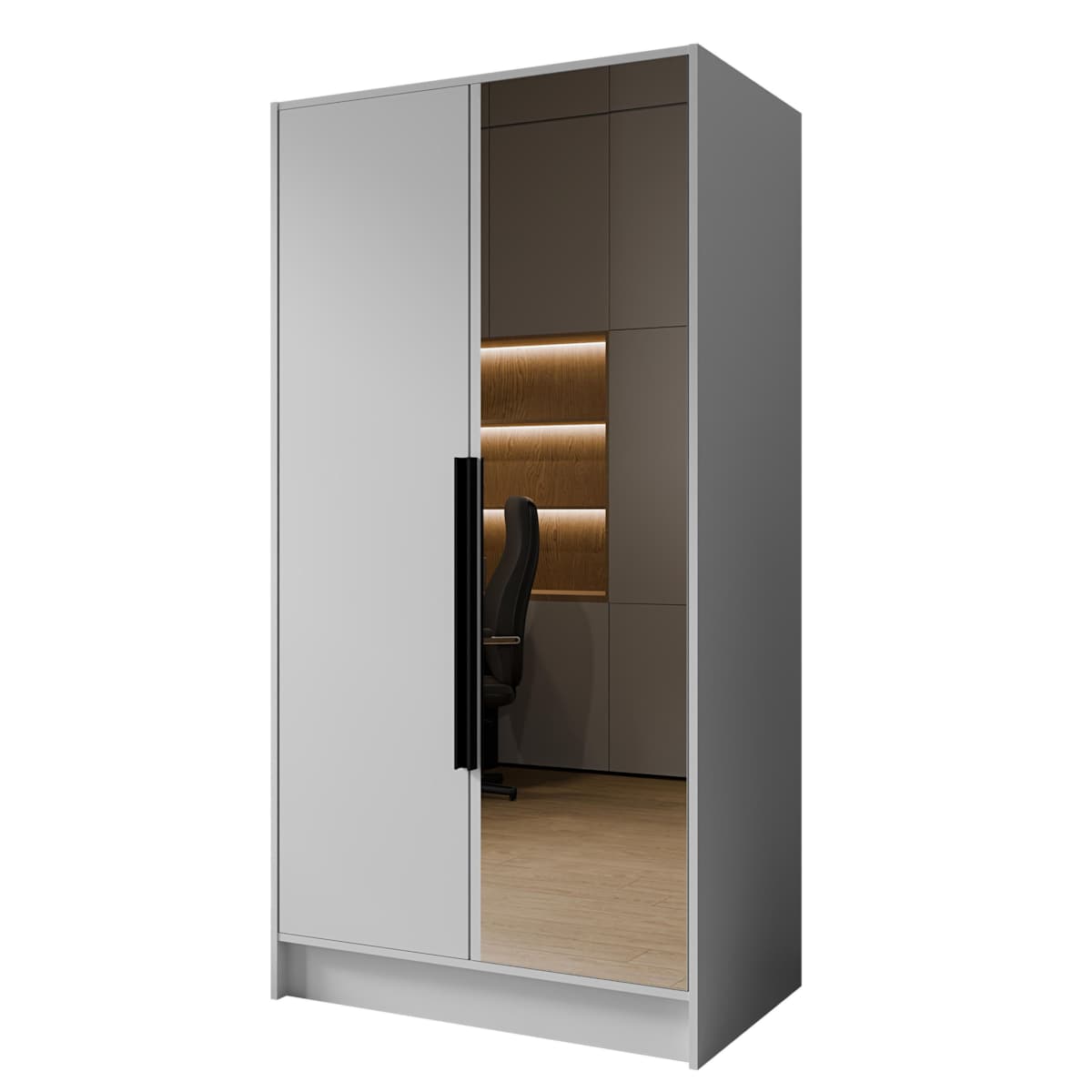 Szafa 100 gładka LUSO z lustrem i czarnymi uchwytami, biała