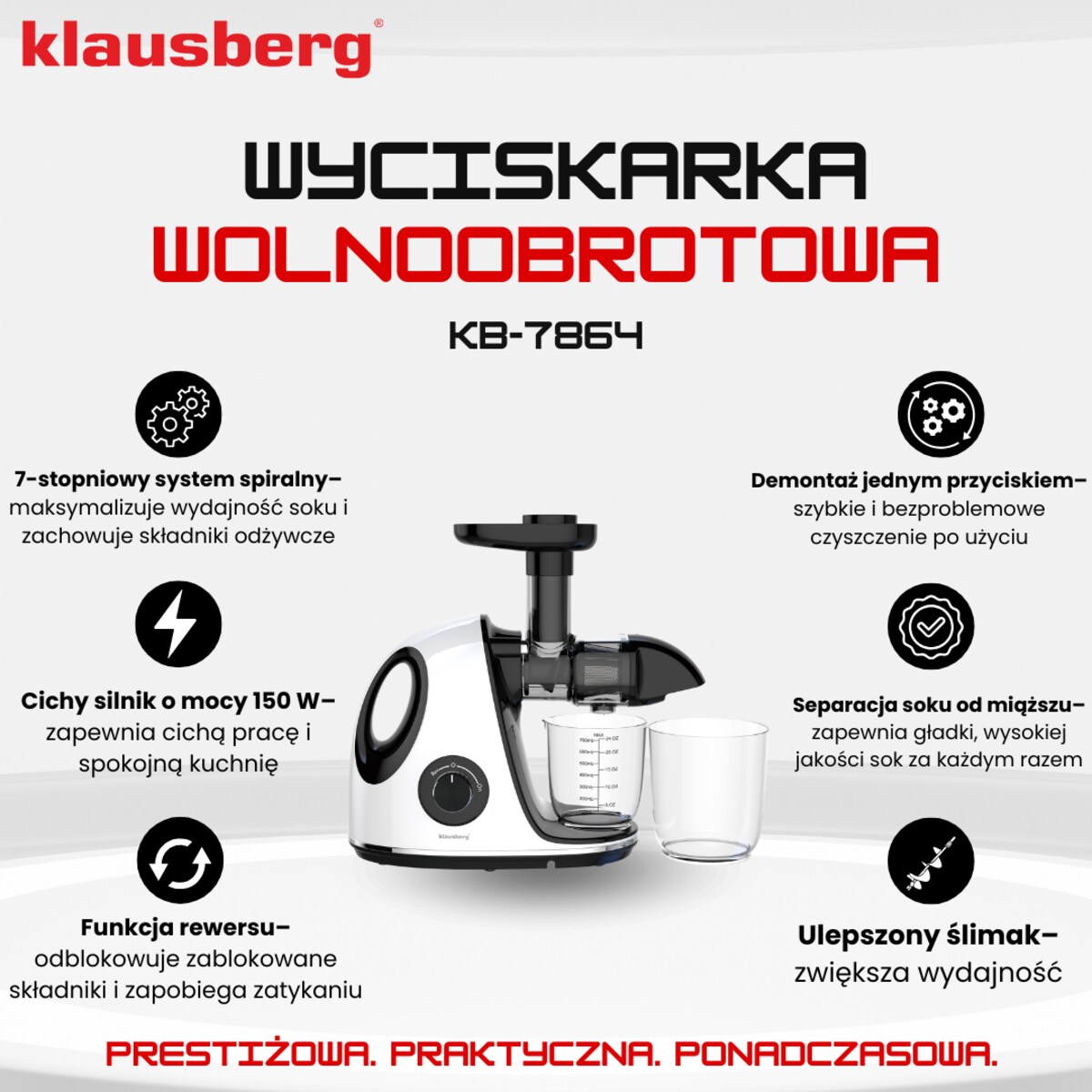 Sokowirówka wolnoobrotowa 150W do owoców i warzyw COLD PRESS KLAUSBERG KB-7864