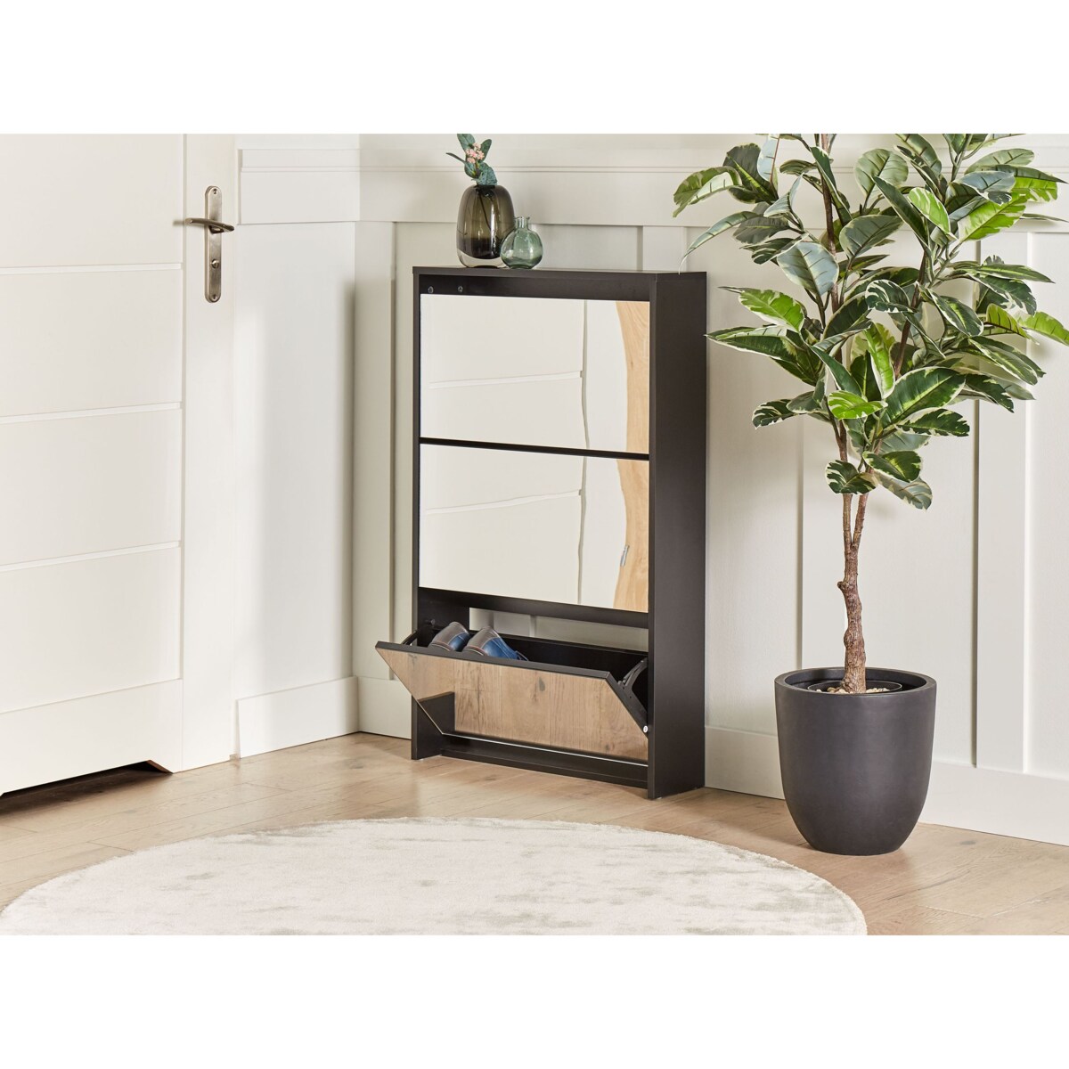 Szafka na buty 3 przegrody lustrzane fronty czarna MIDFIELD