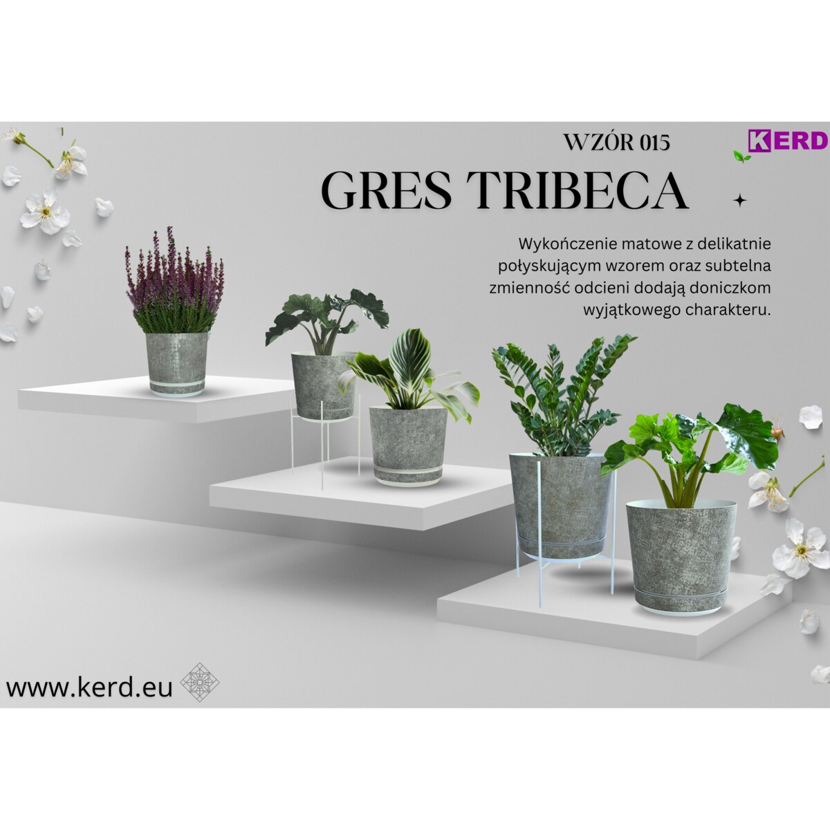 21 cm wzór Szary gres TRIBECA 013 Doniczka z podstawką matowa donica z połyskującym srebrnym wzorem