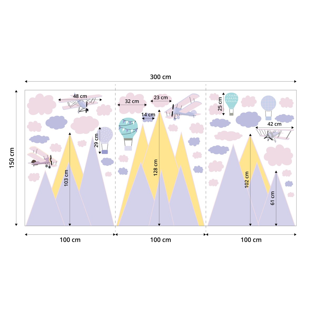ZESTAW NAKLEJEK DLA DZIECI NA ŚCIANĘ FIOLETOWE GÓRY SAMOLOTY RETRO