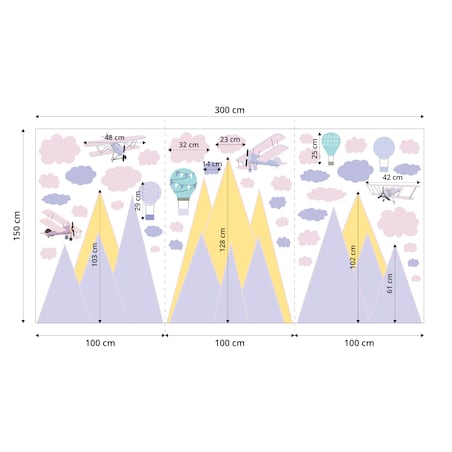 ZESTAW NAKLEJEK DLA DZIECI NA ŚCIANĘ FIOLETOWE GÓRY SAMOLOTY RETRO