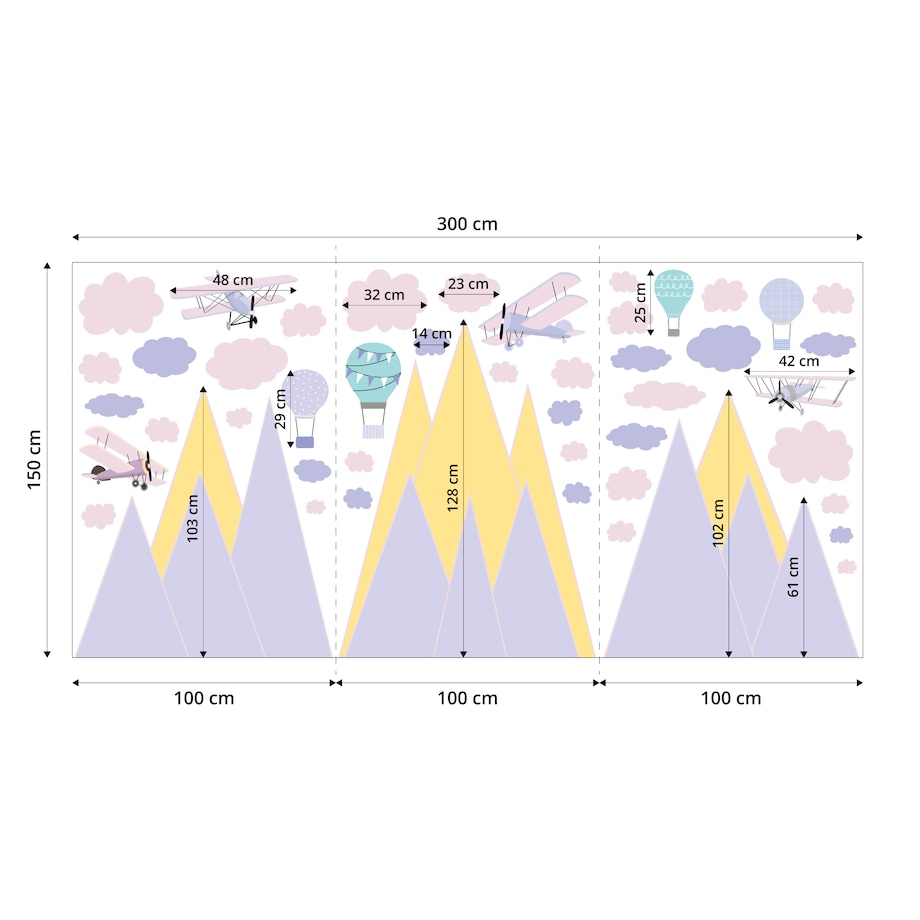ZESTAW NAKLEJEK DLA DZIECI NA ŚCIANĘ FIOLETOWE GÓRY SAMOLOTY RETRO