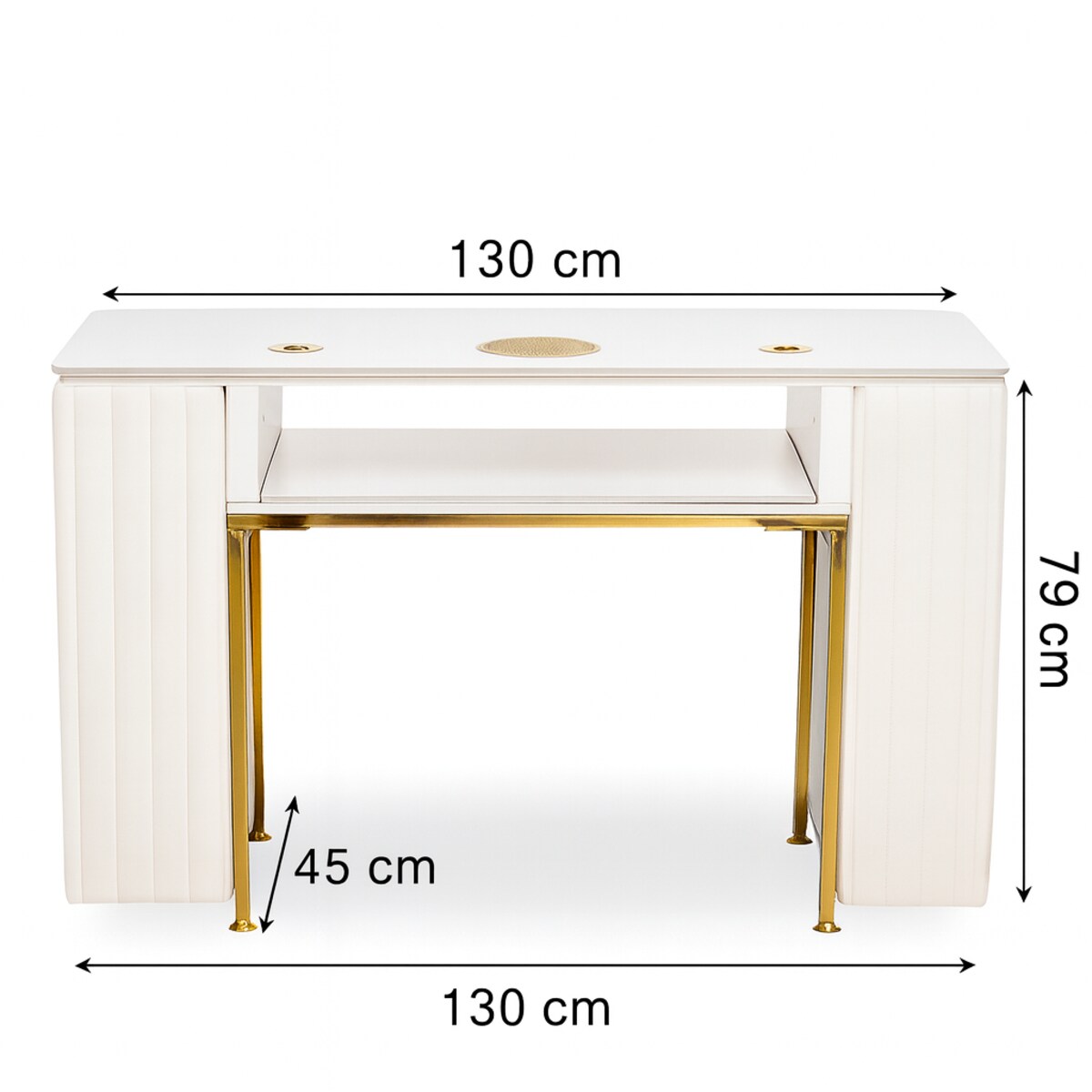 Biurko kosmetyczne z otworem na pochłaniacz biało-złote 130x45x78